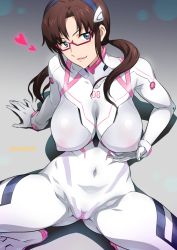 Rule 34 | 1girl, bodysuit, breasts, brown hair, cameltoe, covered erect nipples, covered navel, evangelion: 3.0+1.0 thrice upon a time, green eyes, hairpods, heart, highres, impossible bodysuit, impossible clothes, interface headset, joy ride, large breasts, long hair, looking at viewer, makinami mari illustrious, neon genesis evangelion, pilot suit, plugsuit, presenting, rebuild of evangelion, red-framed eyewear, shiny clothes, shiny skin, skin tight, smile, solo, spread legs, twintails, white bodysuit