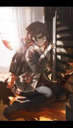 Rule 34 | 1girl, absurdres, asa ni haru, autumn, autumn leaves, backlighting, black pantyhose, bow, braid, brown eyes, falling leaves, green eyes, grey jacket, hair bow, hand on own chest, highres, indoors, jacket, leaf, long sleeves, miniskirt, no shoes, on floor, open clothes, open jacket, original, pantyhose, red bow, red skirt, rimless eyewear, round eyewear, sitting, skirt, solo, striped, unbuttoned, vertical stripes, wooden floor, yokozuwari