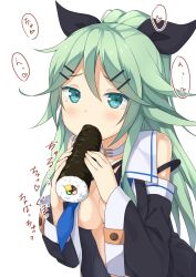 Rule 34 | 10s, 1girl, blush, breasts, choker, cleavage, commentary request, detached sleeves, ehoumaki, food, green eyes, green hair, hair ornament, hair ribbon, hairclip, highres, holding, kantai collection, long hair, looking at viewer, makizushi, miyabeeya, content rating, ribbon, school uniform, serafuku, simple background, solo, sushi, tearing up, tears, translation request, white background, yamakaze (kancolle)