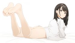 Rule 34 | 1girl, bare legs, barefoot, black eyes, black hair, bottomless, feet, feet up, foot focus, foreshortening, highres, jewelry, leg up, long hair, looking at viewer, looking back, lying, naked shirt, on stomach, original, shirt, simple background, soles, solo, the pose, toes, white background, white shirt, yuu (yuu ammy)
