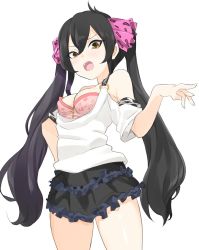 Rule 34 | 1girl, :o, animal print, bare shoulders, bebebe (pepegakii), black hair, black skirt, blush, bow, breasts, cowboy shot, frilled skirt, frills, from below, hair between eyes, hair bow, hand on own hip, idolmaster, idolmaster cinderella girls, leopard print, long hair, looking at viewer, matoba risa, miniskirt, open mouth, orange eyes, pink bow, shirt, sidelocks, simple background, single strap, skirt, small breasts, solo, standing, teeth, thighs, twintails, upper teeth only, very long hair, white background, white shirt