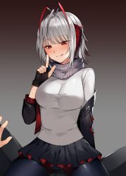 Rule 34 | 1girl, :q, ahoge, antenna hair, arknights, bad id, bad pixiv id, black jacket, black pantyhose, black skirt, blush, breasts, brown background, canape (canape0130), cowboy shot, finger to cheek, gradient background, grey background, hand up, highres, horns, index finger raised, jacket, looking at viewer, medium breasts, miniskirt, off shoulder, open clothes, open jacket, pantyhose, pleated skirt, pov, red eyes, shirt, short hair, silver hair, skirt, smile, solo focus, tongue, tongue out, w (arknights), white shirt