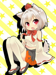 Rule 34 | 1girl, animal ears, blush, bow, bowtie, detached sleeves, fang, hat, inubashiri momiji, looking at viewer, ochazuke, open mouth, red bow, red bowtie, red eyes, short hair, silver hair, solo, star (symbol), tail, tokin hat, touhou, wolf ears, wolf tail