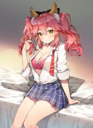 Rule 34 | 10s, 1girl, alternate hairstyle, animal ear fluff, animal ears, arm at side, artist name, ayami (annahibi), bed sheet, black bow, blue skirt, blush, bow, bra, breasts, cleavage, collarbone, collared shirt, commentary request, dress shirt, fate/extra, fate (series), fox ears, hair bow, highres, long hair, long sleeves, looking at viewer, medium breasts, necktie, official alternate costume, on bed, open clothes, open shirt, pink bra, pink hair, plaid, plaid skirt, pleated skirt, red neckwear, shirt, sitting, skirt, sleeves pushed up, smile, solo, striped neckwear, tamamo (fate), tamamo no mae (fate/extra), tamamo no mae (jk) (fate), thighs, twintails, underwear, undone necktie, unworn sweater, white shirt, wing collar, yellow eyes