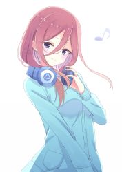 Rule 34 | 1girl, blue cardigan, blue eyes, blush, breasts, brown hair, cardigan, closed mouth, commentary request, eighth note, go-toubun no hanayome, hair between eyes, hand on headphones, hand up, head tilt, headphones, headphones around neck, long hair, long sleeves, looking at viewer, musical note, nakano miku, simple background, small breasts, smile, solo, suzume anko, upper body, white background