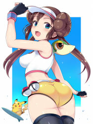 Rule 34 | 1girl, :d, adjusting clothes, adjusting headwear, ass, bikini, black gloves, black pantyhose, blue background, blue eyes, breasts, brown hair, commentary, creatures (company), double bun, fingerless gloves, from behind, game freak, gen 1 pokemon, gen 5 pokemon, gloves, hair bun, highres, huge ass, kasai shin, long hair, looking at viewer, looking back, medium breasts, mismatched bikini, nintendo, on shoulder, open mouth, outside border, pantyhose, pikachu, poke ball, poke ball (basic), pokemon, pokemon (creature), pokemon bw2, pokemon on shoulder, rosa (pokemon), skindentation, smile, snivy, standing, surfboard, swimsuit, thighhighs, twintails, very long hair, visor cap, water drop, wet, white bikini, yellow bikini