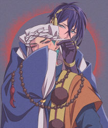 Rule 34 | 10s, 2boys, aya, bead necklace, beads, black gloves, black hair, blue eyes, blue hair, covering own mouth, facial scar, gloves, holding ears, japanese clothes, jewelry, male focus, mikazuki munechika, multiple boys, necklace, scar, scar on cheek, scar on face, sleeves past wrists, touken ranbu, turban, wide sleeves, yamabushi kunihiro