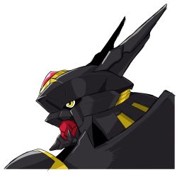 Rule 34 | 1boy, alphamon, artist request, digimon, digimon (creature), highres, looking to the side, mecha, no humans, robot, royal knights, simple background, upper body, white background, yellow eyes