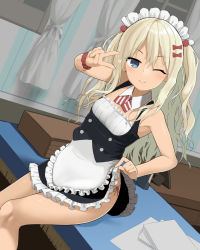 Rule 34 | 1girl, ;), alternate costume, apron, arm up, bare arms, bare legs, bare shoulders, black dress, blonde hair, blue eyes, blush, bow, breasts, closed mouth, clothes lift, commentary request, curtains, desk, detached collar, dress, dress lift, dutch angle, enmaided, frilled apron, frilled dress, frills, grecale (kancolle), hair bow, highres, indoors, kantai collection, kuronaga, lifting own clothes, looking at viewer, maid, maid headdress, on desk, one eye closed, panties, paper, red bow, side-tie panties, side-tie peek, sidelocks, sitting, sleeveless, sleeveless dress, small breasts, smile, solo, tablecloth, two side up, underwear, v, waist apron, white apron