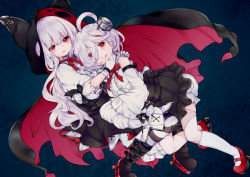 Rule 34 | 2girls, ahoge, azur lane, bad id, bad pixiv id, bloomers, blouse, boots, cape, commentary, detached sleeves, erebus (azur lane), gloves, gothic lolita, hood, hug, lolita fashion, mary janes, multiple girls, neck ribbon, object through head, pantyhose, red eyes, ribbon, screw in head, shirt, shoes, siblings, sisters, smile, socks, stitches, striped clothes, striped legwear, striped pantyhose, terror (azur lane), underwear, white gloves, white hair, yaekn