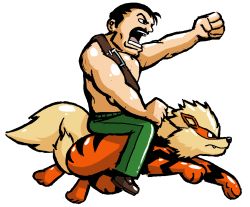 Rule 34 | 1boy, arcanine, belt, brown hair, capcom, clenched hand, creatures (company), cross, crossover, facial hair, fang, final fight, from side, game freak, gen 1 pokemon, keijimatsu, male focus, manly, mike haggar, muscular, mustache, nintendo, open mouth, pokemon, pokemon (creature), riding, riding pokemon, short hair, simple background, street fighter, topless male, white background