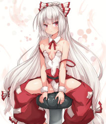 Rule 34 | 1girl, adapted costume, bow, breasts, cleavage, commentary, detached collar, feet out of frame, fujiwara no mokou, hair bow, highres, huyusilver, leotard, long hair, looking at viewer, low-tied long hair, ofuda, ofuda on clothes, pants, red eyes, red pants, sitting, small breasts, solo, touhou, v-shaped eyebrows, very long hair, white background, white bow, white hair, white leotard