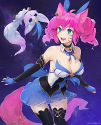 Rule 34 | 1girl, animal ears, bare shoulders, blue eyes, breasts, bustier, choker, cleavage, commission, detached collar, detached sleeves, drill hair, facial mark, fangs, fingerless gloves, fox ears, fox tail, gloves, heart, heart facial mark, large breasts, league of legends, leaning forward, nail polish, open mouth, original, pink hair, short hair, solo, star guardian (league of legends), tail, thighhighs, twin drills, unsomnus, whisker markings