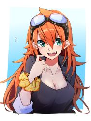 Rule 34 | 1girl, amano tora, aqua eyes, blue background, blush, breasts, cleavage, earrings, fang, goggles, goggles on head, green eyes, highres, kazenoko, large breasts, long hair, open mouth, orange hair, original, red hair, smile, solo, upper body