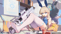 1boy 1girl absurdres animal_ears aqua_bow aqua_bowtie ass assault_rifle blue_archive blue_eyes blue_hairband blue_halo blue_leotard bow bowtie earpiece eating fake_animal_ears feet gun h&amp;k_g11 hairband halo highres leotard long_hair no_shoes playboy_bunny rabbit_ears rifle soles strapless strapless_leotard thighhighs toki_(blue_archive) toki_(bunny)_(blue_archive) weapon white_thighhighs white_wrist_cuffs wrist_cuffs xg_epee