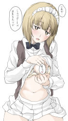 Rule 34 | 1girl, black bow, black bowtie, blonde hair, blush, bow, bowtie, bra, breasts, censored, censored by text, censored nipples, clothes lift, convenient censoring, cutlass (girls und panzer), elf (stroll in the woods), girls und panzer, highres, lifted by self, looking at viewer, maid headdress, navel, one breast out, open mouth, shirt lift, short hair, simple background, skirt, small breasts, solo, speech bubble, translation request, underwear, white background, white bra, white skirt, yellow eyes