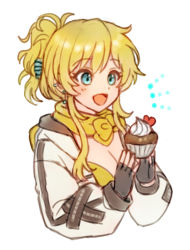 Rule 34 | 1girl, :d, bikini, bikini under clothes, black gloves, blonde hair, blue eyes, blush, breasts, cleavage, commentary request, cropped torso, cupcake, earrings, fingerless gloves, folded ponytail, food, gloves, holding, holding food, jewelry, jumpsuit, long sleeves, mechanic (ragnarok online), medium breasts, misuguu, official alternate costume, open jumpsuit, open mouth, ragnarok online, scarf, short hair with long locks, simple background, smile, solo, swimsuit, upper body, white background, white jumpsuit, yellow bikini, yellow scarf