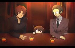 Rule 34 | 3boys, bandage over one eye, bar (place), beer glass, brown hair, brown jacket, bungou stray dogs, character request, collared shirt, dazai osamu (bungou stray dogs), glasses, highres, indoors, jacket, lapels, light, long sleeves, multiple boys, necktie, outstretched arm, reaching, red eyes, seirense34, shirt, short hair