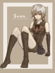 Rule 34 | 1girl, alternate costume, bike shorts, black footwear, blue eyes, boots, breasts, character name, elbow gloves, final fantasy, final fantasy type-0, gloves, habbitrot, knee boots, looking at viewer, school uniform, seven (fft-0), short hair, silver hair, sitting, skirt, solo