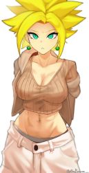 Rule 34 | a big brother, arms behind back, blonde hair, breasts, chestnut mouth, cleavage, commission, cowboy shot, dragon ball, dragon ball super, earrings, fusion, green eyes, groin, highres, jewelry, kefla (dragon ball), medium breasts, muscular, muscular female, navel, off shoulder, potara earrings, saiyan, spiked hair, super saiyan, twitter username, white background