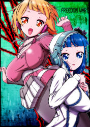 Rule 34 | 2girls, aida kan mori, anne &quot;charm&quot; vito, beatrice &quot;lilium&quot; anastasi, blue eyes, blue hair, breasts, collar, freedom wars, headphones, large breasts, looking at viewer, multiple girls, orange eyes, orange hair, short hair, smile
