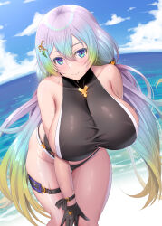 Rule 34 | 1girl, aqua eyes, bare shoulders, black gloves, blue hair, blush, breasts, closed mouth, cupitan (granblue fantasy), cupitan (summer) (granblue fantasy), gloves, gradient hair, granblue fantasy, green hair, hair ornament, highres, kawase seiki, large breasts, leaning forward, long hair, looking at viewer, multicolored hair, ocean, outdoors, sideboob, smile, solo, thigh strap, thighs, twintails, wet
