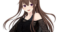Rule 34 | 1girl, :d, armpits, bare shoulders, blush, brown hair, collarbone, couzone, hair between eyes, highres, long hair, looking at viewer, off shoulder, open mouth, original, ponytail, portrait, purple eyes, see-through, sidelocks, simple background, smile, solo, tank top, upper body, white background
