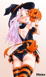 Rule 34 | 1girl, absurdres, artist request, ass, back, backless outfit, bare shoulders, blush, breasts, dress, earrings, from behind, halloween, hat, highres, jack-o&#039;-lantern, jewelry, long hair, looking at viewer, medium breasts, open mouth, original, panties, shiny clothes, shiny skin, short dress, sideboob, silver hair, solo, striped clothes, striped thighhighs, thighhighs, underwear, upskirt, yellow eyes