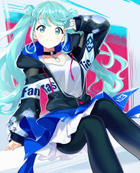 Rule 34 | 1girl, black pantyhose, blue eyes, blue hair, closed mouth, collarbone, double bun, hair bun, hatsune miku, highres, hood, hooded jacket, jacket, long hair, long sleeves, looking at viewer, open clothes, open jacket, pantyhose, project sekai, rassie s, shirt, sitting, skirt, smile, solo, twintails, vivid bad squad (project sekai), vivid bad squad miku