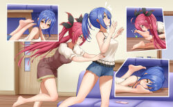 Rule 34 | 2girls, absurdres, ahoge, barefoot, blue hair, breasts, candy, cellphone, commission, couch, date a live, desk, door, food, highres, hun shui, indoors, itsuka kotori, licking, licking foot, lollipop, multiple girls, phone, pixiv commission, ponytail, pushing, red hair, shorts, small breasts, smartphone, takamiya mana, twintails