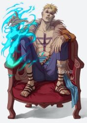 Rule 34 | 1boy, anchor tattoo, armchair, artist name, bare pectorals, blonde hair, blue fire, chair, chest tattoo, closed mouth, commentary, english commentary, fire, full body, knees up, looking at viewer, male focus, marco (one piece), mohawk, one piece, open clothes, pectorals, pubic tattoo, short hair, sid (skxviii), sitting, solo, tattoo