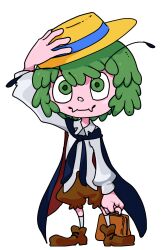 Rule 34 | 1girl, antennae, black cape, briefcase, brown footwear, brown shorts, cape, closed mouth, collared shirt, commentary request, fangs, full body, green eyes, green hair, hand on headwear, hat, highres, holding, holding briefcase, kaninocrab, long sleeves, looking at viewer, medium bangs, red cape, shirt, shoes, short hair, shorts, simple background, skin fangs, smile, solo, standing, sun hat, touhou, two-sided cape, two-sided fabric, white background, white shirt, wriggle nightbug, yellow hat