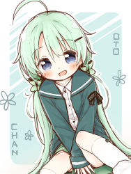 Rule 34 | 1girl, :d, ahoge, ayanepuna, between legs, black bow, blue eyes, blush, borrowed character, bow, collared shirt, commentary request, dress shirt, green hair, green jacket, green scrunchie, green skirt, hair between eyes, hair ornament, hair scrunchie, hairclip, hand between legs, highres, jacket, long hair, long sleeves, no shoes, open clothes, open jacket, open mouth, original, scrunchie, shirt, sitting, skirt, sleeves past wrists, smile, socks, solo, striped, striped bow, very long hair, white shirt, white socks
