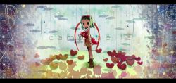 Rule 34 | 1girl, boots, campanella, campanella (vocaloid), fish, flower, goggles, goggles on head, grass, gumi, heart, highres, ichihaya, letterboxed, skirt, solo, staring, utau, vest, vocaloid, water drop
