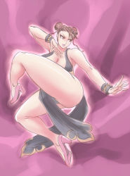 Rule 34 | 1girl, alternate costume, black dress, breasts, brown eyes, brown hair, chun-li, cleavage, double bun, dress, fighting stance, high heels, iad, large breasts, lips, pelvic curtain, pumps, short hair, side slit, solo, street fighter, street fighter iv (series), thick thighs, thighs, wrist cuffs