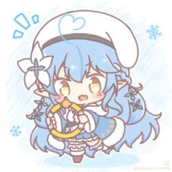 Rule 34 | 1girl, ahoge, blue coat, blue hair, blue skirt, blush stickers, boots, coat, fang, flower, fur trim, hair flower, hair ornament, half updo, hat, heart, heart ahoge, highres, holding, hololive, long hair, mitarashi neko, open mouth, pleated skirt, pointy ears, ring-con, ring fit adventure, skirt, snowflakes, solo, standing, standing on one leg, thighhighs, twitter username, v-shaped eyebrows, very long hair, virtual youtuber, white thighhighs, yellow eyes, yukihana lamy