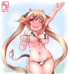 Rule 34 | 10s, 1girl, ;d, ahoge, animal ears, animal print, arm up, bare shoulders, barefoot, bell, neck bell, bikini, blush, bowl, breasts, brown eyes, collar, commentary request, cow ears, cow girl, cow horns, cow print, cow tail, cowbell, dated, ear tag, fake animal ears, fake horns, fake tail, full-face blush, highres, holding, holding bowl, horns, kanon (kurogane knights), kantai collection, large breasts, leg up, light brown hair, long hair, micro bikini, murasame (kancolle), navel, one eye closed, open mouth, smile, solo, stomach, string bikini, swimsuit, tail, twintails