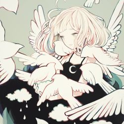 Rule 34 | 1girl, ahoge, angel wings, antenna hair, bad id, bad pixiv id, bird, black dress, cloud, crescent, dove, dress, from side, green background, green eyes, holding, looking down, looking to the side, original, pale color, rain, short hair, simple background, smile, solo, tofuvi, too many, too many birds, upper body, white hair, wings