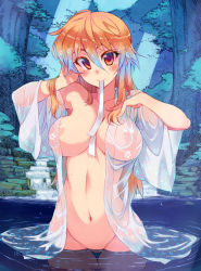 Rule 34 | 1girl, arm up, blue hair, blush, breasts, cherry blossom print, collarbone, floral print, groin, hair between eyes, kusanagi tonbo, large breasts, long hair, mouth hold, multicolored hair, naked robe, navel, nipples, orange hair, original, outdoors, red eyes, ribbon, robe, see-through, smile, solo, stomach, tree, two-tone hair, water, waterfall, wet, white ribbon