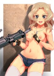 Rule 34 | 1girl, black gloves, blonde hair, blue eyes, blue shorts, breasts, commentary, cowboy shot, cutoffs, denim, denim shorts, dog tags, fingerless gloves, girls und panzer, gloves, gun, hair intakes, highres, holding, holding gun, holding weapon, kay (girls und panzer), looking at viewer, medium breasts, medium hair, micro shorts, navel, nipples, open mouth, shorts, smile, solo, standing, sweat, thighhighs, topless, v, weapon, weapon request, white thighhighs, wss (curewss)