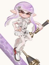 Rule 34 | 1girl, :q, artist name, commentary request, dress, dynamo roller (splatoon), eyelashes, full body, hair ornament, hairclip, highres, holding, holding weapon, inkling, inkling girl, inkling player character, lemo (lemo 4), long hair, nintendo, paint, pointy ears, purple hair, red eyes, simple background, solo, splatoon (series), splatoon 3, tentacle hair, thick eyebrows, thighhighs, tongue, tongue out, twitter username, weapon, white background, white dress, white thighhighs
