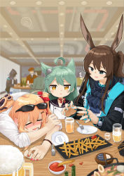 Rule 34 | 3boys, 3girls, ahoge, akashi (azur lane), alcohol, amiya (arknights), animal ears, arknights, artist request, ascot, azur lane, bar (place), beer, beer mug, blue ascot, cat ears, character request, commander (azur lane), commander (girls&#039; frontline), crossover, cup, doctor (arknights), drinking glass, drunk, food, french fries, girls&#039; frontline, griffin &amp; kryuger, griffin &amp; kryuger military uniform, highres, kalina (girls&#039; frontline), ketchup, mug, multiple boys, multiple girls, plate, rabbit ears, trait connection