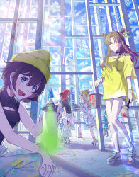 Rule 34 | 4girls, :3, beanie, blue eyes, blush, brown eyes, brown hair, closed mouth, day, hat, highres, holding, holding paintbrush, inika, long hair, looking at another, looking at viewer, multiple girls, open mouth, original, outdoors, paint, paint can, paintbrush, red hair, scenery, shoes, short hair, smile, sneakers, spray can, standing