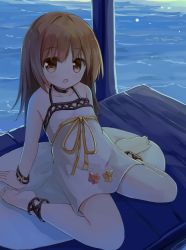 Rule 34 | 1girl, :o, anklet, arm support, bare arms, bare shoulders, barefoot, black neckwear, blush, bracelet, brown eyes, brown hair, choker, collarbone, commentary request, day, dress, flower, halterneck, jewelry, leaning back, long hair, looking at viewer, open mouth, original, outdoors, pier, sitting, sleeveless, sleeveless dress, soles, solo, wariza, water, white dress, yuuhagi (amaretto-no-natsu)