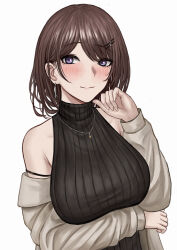 Rule 34 | 1girl, arm under breasts, bare shoulders, black sweater, blush, breasts, brown hair, brown jacket, earrings, fingernails, hair ornament, hairclip, hand up, highres, jacket, jewelry, large breasts, long sleeves, looking at viewer, medium hair, mole, mole under eye, necklace, off shoulder, original, purple eyes, selcky, simple background, sleeveless, sleeveless turtleneck, smile, solo, sweater, turtleneck, turtleneck sweater, upper body, white background