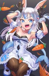 Rule 34 | 1girl, :d, animal ears, armpits, bare shoulders, black background, black gloves, blue eyes, blue hair, breasts, brown pantyhose, carrot, cleavage, collarbone, commentary, cosplay, ebi-chan (gawr gura), english commentary, fins, fish tail, freeze-ex, gawr gura, gloves, hair ornament, hands up, highres, hololive, hololive english, long hair, looking at viewer, medium hair, multicolored hair, open mouth, pantyhose, rabbit ears, shark girl, shark hair ornament, shark tail, sharp teeth, shoes, short twintails, shrimp, small breasts, smile, solo, squatting, streaked hair, tail, teeth, twintails, usada pekora, usada pekora (1st costume), usada pekora (cosplay), virtual youtuber, white footwear, white hair