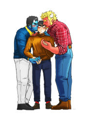 Rule 34 | 3boys, alternate costume, bara, black eyes, black hair, blonde hair, blue oni, blue oni (chijimetaro), blue skin, blush, chijimetaro, colored skin, denim, full body, glasses, holding hands, height difference, holding another&#039;s arm, horns, jeans, kiss, kissing cheek, large hands, looking at viewer, lucky student (chijimetaro), male focus, multiple boys, muscular, oni, oni horns, original, own hands together, pants, pointy ears, red oni, red oni (chijimetaro), red skin, shoes, short hair, yaoi, aged down
