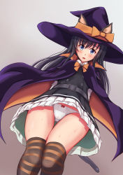 Rule 34 | 1girl, animal ears, arms behind back, asashio (kancolle), belt, black hair, black thighhighs, blue eyes, blush, breasts, brooch, buttons, cape, cat ears, cat tail, collared shirt, commentary request, dress, fake animal ears, fake tail, from below, gluteal fold, halloween, halloween costume, hat, jewelry, kantai collection, long hair, long sleeves, looking at viewer, neck ribbon, official alternate costume, orange ribbon, orange thighhighs, panties, pantyshot, pinafore dress, ribbon, roku (roku28), school uniform, shirt, sleeveless, sleeveless dress, small breasts, solo, standing, surprised, tail, thighhighs, underwear, white panties, white shirt, witch, witch hat