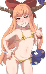 Rule 34 | 1girl, bikini, bloom, blush, bow, breasts, bunsuirei, cowboy shot, gourd, hair bow, hair over one eye, hand up, highres, holding, horns, ibuki suika, long hair, looking at viewer, micro bikini, navel, nose blush, oni horns, orange eyes, orange hair, petite, red bow, simple background, small breasts, solo, swept bangs, swimsuit, thigh gap, touhou, very long hair, white background