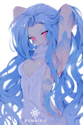 Rule 34 | arm tattoo, armpits, arms behind head, artist name, blue hair, breasts, cleavage, cleavage cutout, clothing cutout, cloud tattoo, glowing, glowing eyes, jinx (league of legends), league of legends, long hair, looking at viewer, meme attire, pink eyes, ririsaurus, shiny skin, simple background, small breasts, smile, solo, stomach tattoo, sweater, tattoo, teeth, turtleneck, turtleneck sweater, upper teeth only, very long hair, virgin killer sweater, white background, white sweater